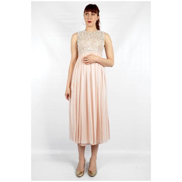 Vintage 60s Pink Silk Chiffon Maxi Dress Beaded Bodice Estelle Allardale | S/M - Picture 7 of 10